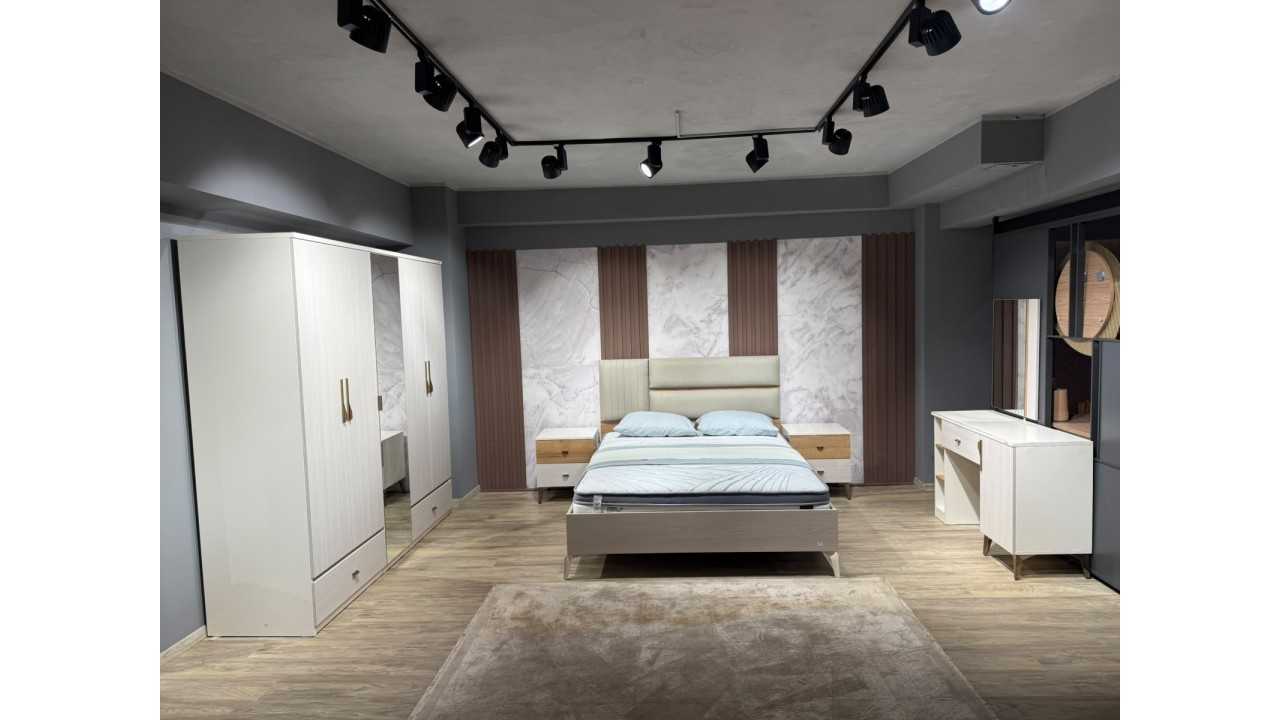 Set Dormitor Pandora, Sifonier 5 usi, Pat 160x200, culoare Fildes-Stejar, Finisaj Bronz Set Dormitor