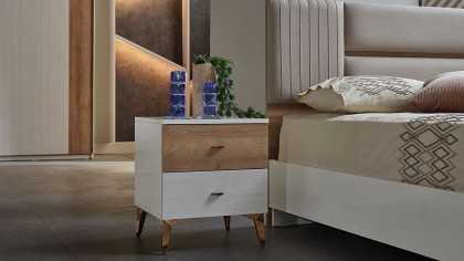 Set Dormitor Pandora, Sifonier 5 usi, Pat 160x200, culoare Fildes-Stejar, Finisaj Bronz Set Dormitor