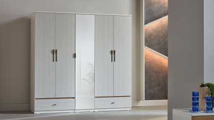Set Dormitor Pandora, Sifonier 5 usi, Pat 160x200, culoare Fildes-Stejar, Finisaj Bronz Set Dormitor