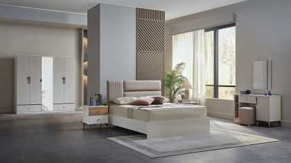 Set Dormitor Pandora, Sifonier 5 usi, Pat 160x200, culoare Fildes-Stejar, Finisaj Bronz Set Dormitor