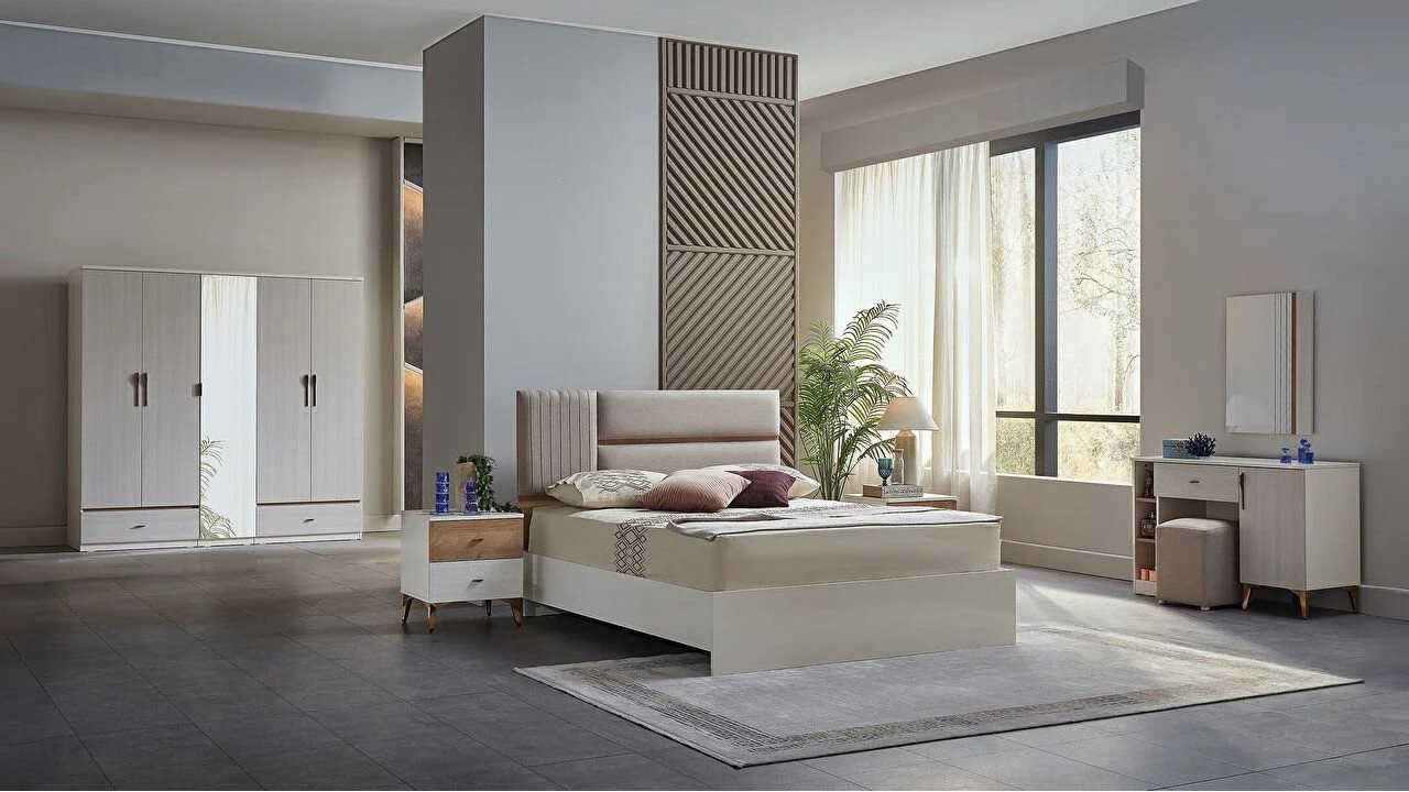 Set Dormitor Pandora, Sifonier 5 usi, Pat 160x200, culoare Fildes-Stejar, Finisaj Bronz Set Dormitor