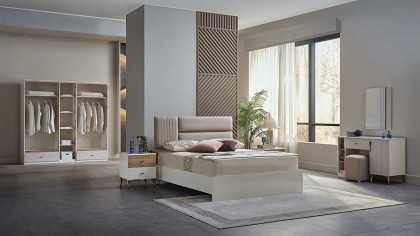 Set Dormitor Pandora, Sifonier 5 usi, Pat 160x200, culoare Fildes-Stejar, Finisaj Bronz Set Dormitor