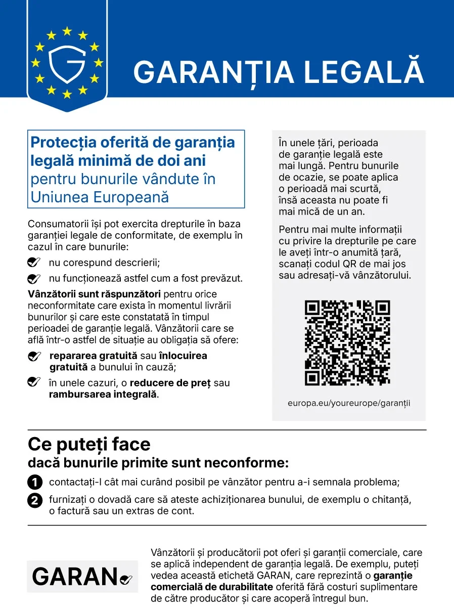 Notificarea armonizată a Uniunii Europene privind garanția legală de conformitate. Textul complet este redat mai jos, pe această pagină.